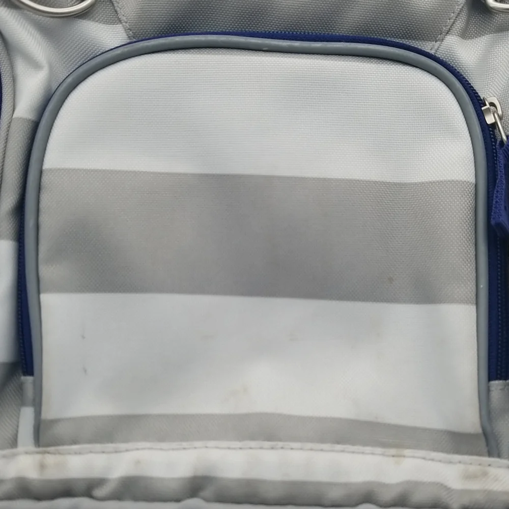 Pottery Barn Kids Fairfax Gray/White Stripe Navy Trim Small Backpack rLm